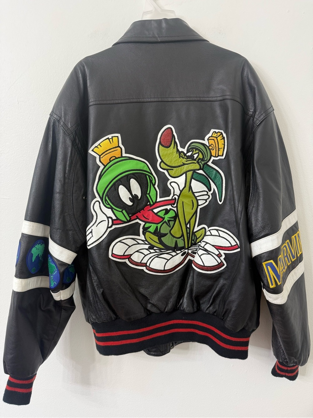 {L} VINTAGE 90s Looney Tunes MARVIN THE MARTIAN Leather Jacket LARGE Warner Bros